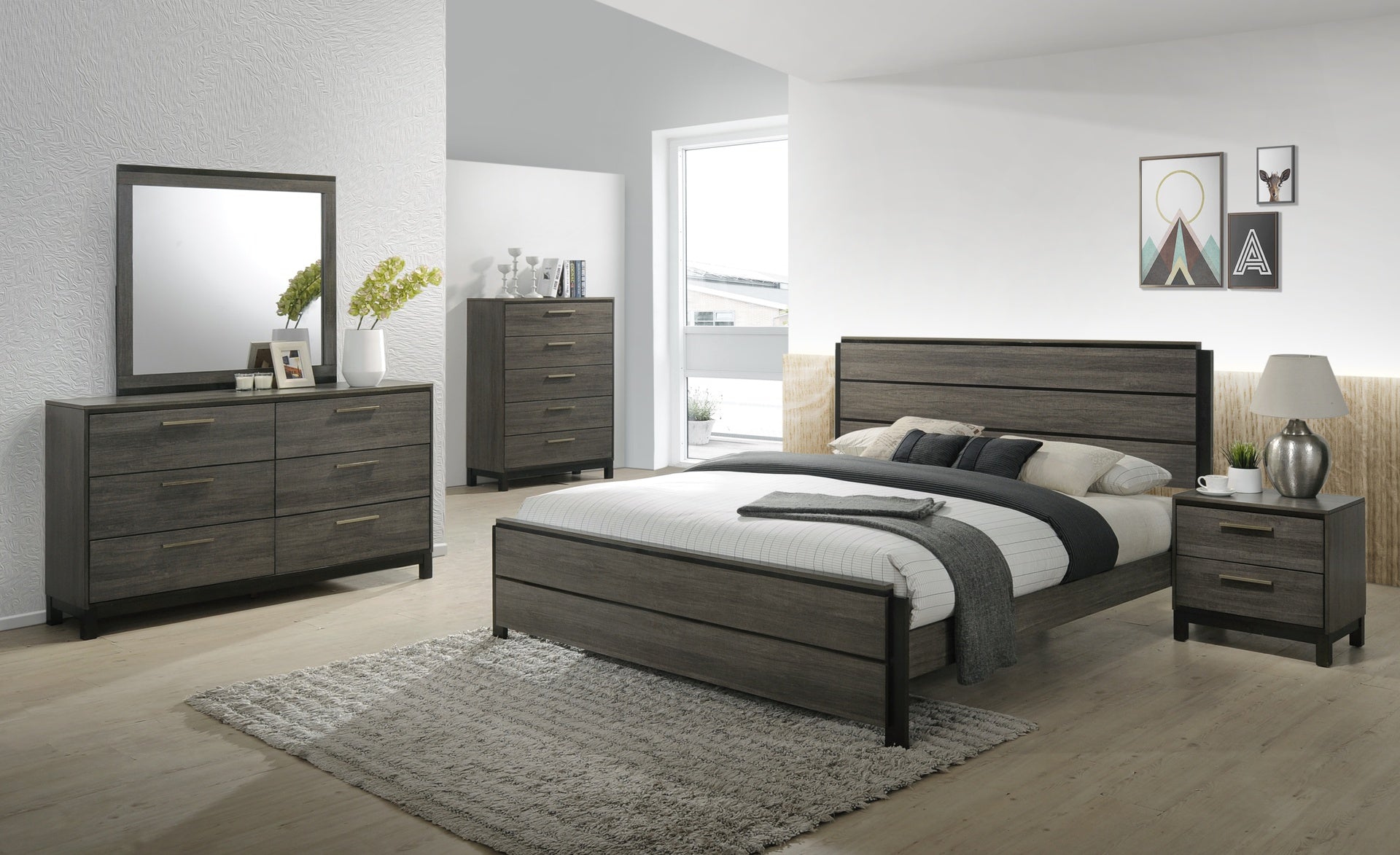 Ioana Antique Grey Finish Wood Bed Room Set, King Size Bed, Dresser, Mirror, Night Stand, Chest