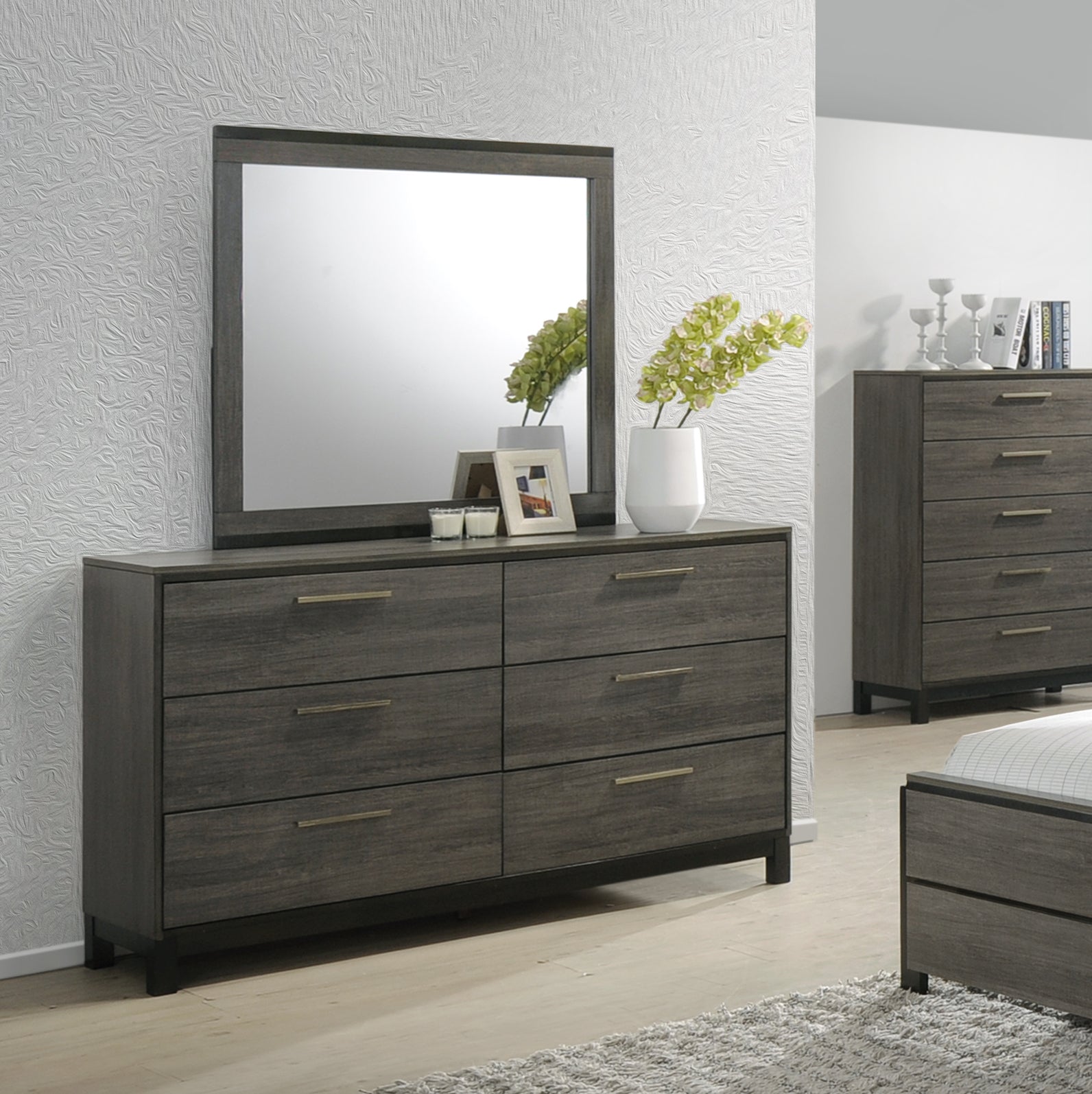 Ioana Antique Grey Wood 6-piece King Size Bedroom Set, Dresser, Mirror, 2 Night Stands , Chest