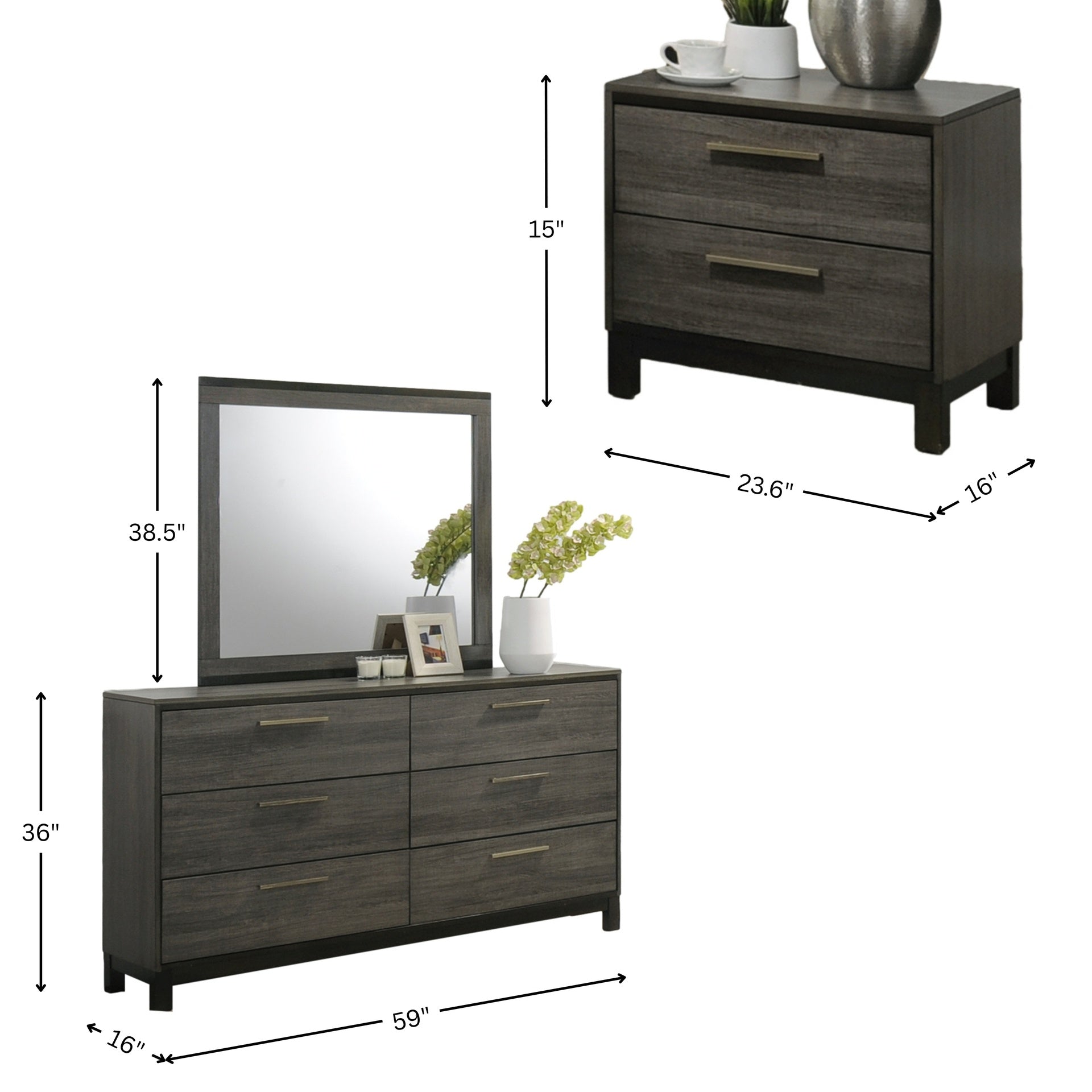 Ioana Antique Grey Finish Wood Bed Room Set, King Size Bed, Dresser, Mirror, Night Stand