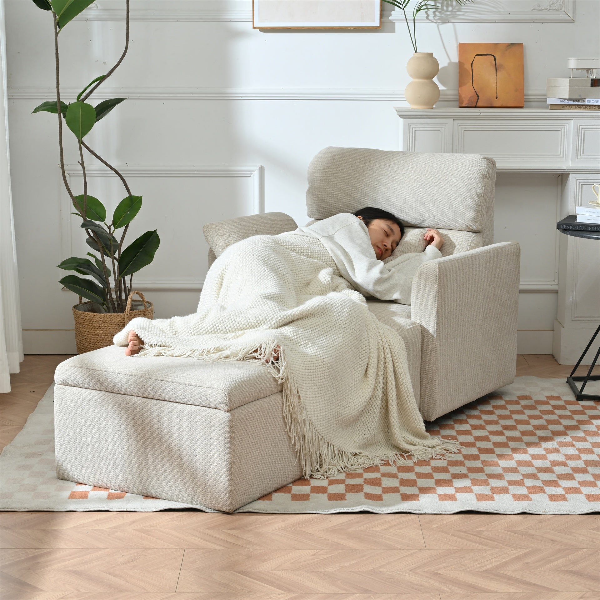 Oversized Chair w/Storage Ottoman, Wide Accent Armchair Chair for Living Room, Modern Lounge Chair, Upholstered Mid-Century Reading Chair, Comfy Living Room Chair, Deep Seat Sofa Couch(Beige Gray)