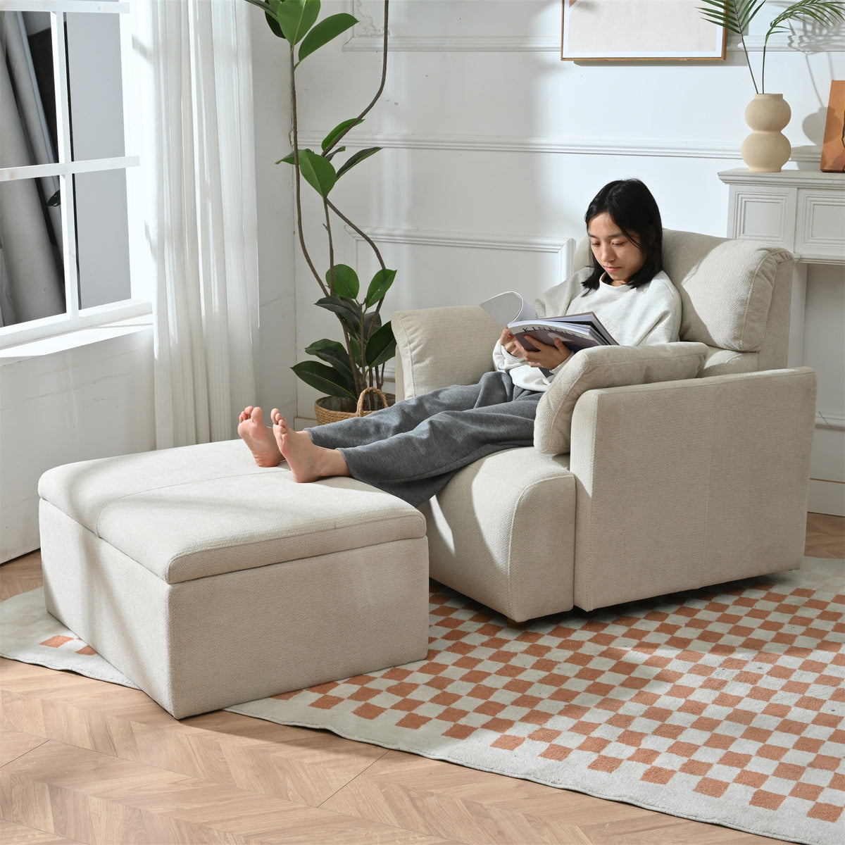 Oversized Chair w/Storage Ottoman, Wide Accent Armchair Chair for Living Room, Modern Lounge Chair, Upholstered Mid-Century Reading Chair, Comfy Living Room Chair, Deep Seat Sofa Couch(Beige Gray)