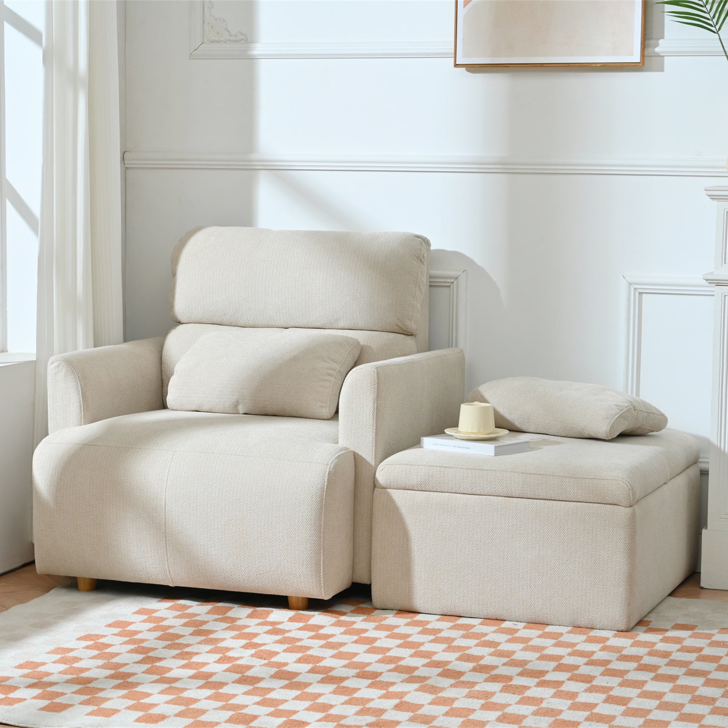 Oversized Chair w/Storage Ottoman, Wide Accent Armchair Chair for Living Room, Modern Lounge Chair, Upholstered Mid-Century Reading Chair, Comfy Living Room Chair, Deep Seat Sofa Couch(Beige Gray)