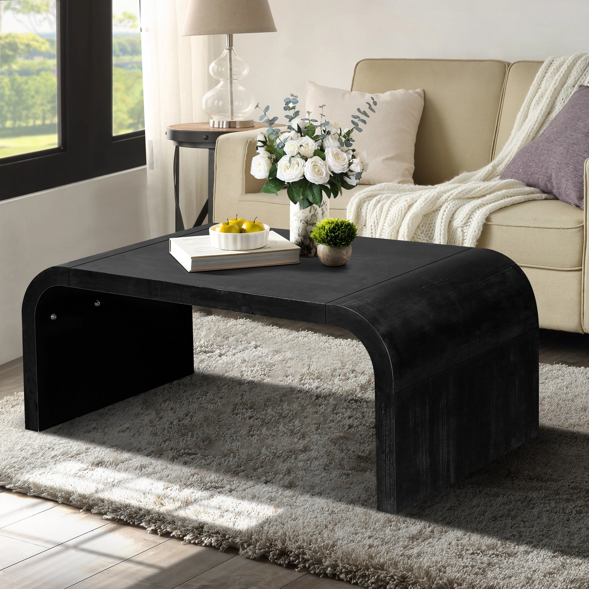 Farmhouse  Vintage Crafts Coffee Table,Curved Art Deco Design, Easy Assembly, 48" W x 24" D x 18" (Antique Black) Same To Old SKU : W1445P214061