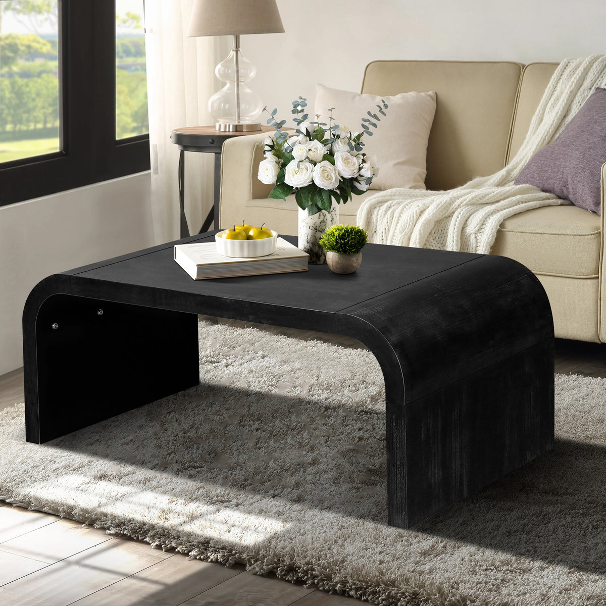 Farmhouse  Vintage Crafts Coffee Table,Curved Art Deco Design, Easy Assembly, 48" W x 24" D x 18" (Antique Black) Same To Old SKU : W1445P214061