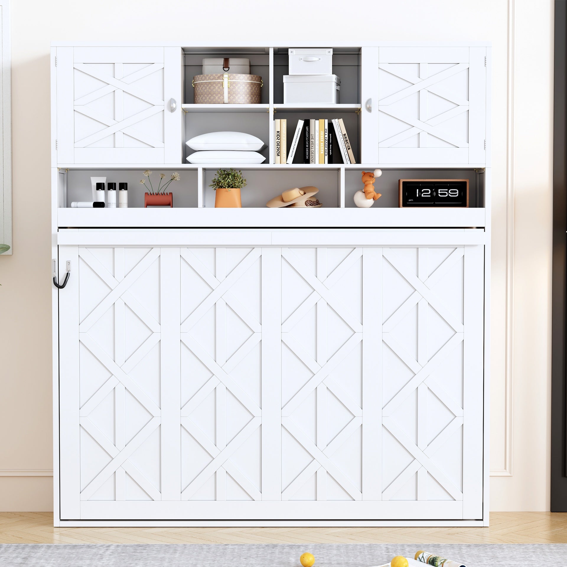 Queen Size Wall Murphy Bed with Ample Storage Space and Diamond Stripes, White