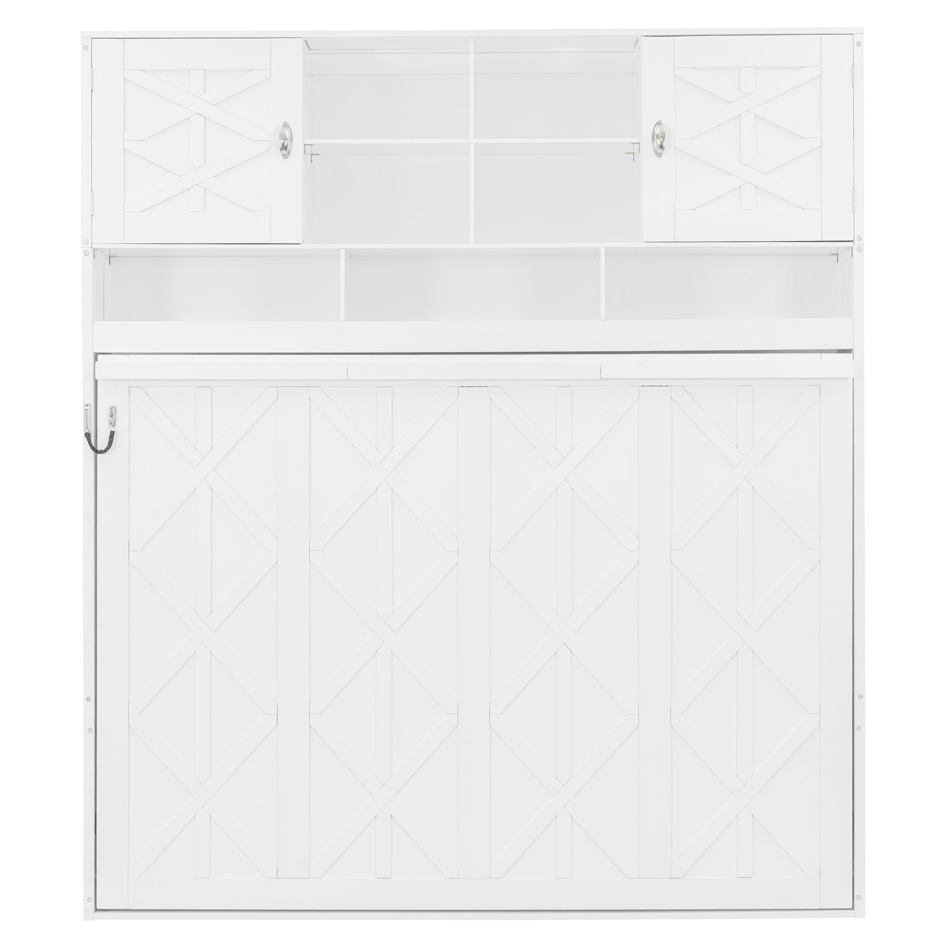 Queen Size Wall Murphy Bed with Ample Storage Space and Diamond Stripes, White