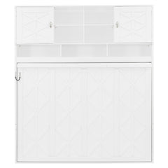 Queen Size Wall Murphy Bed with Ample Storage Space and Diamond Stripes, White