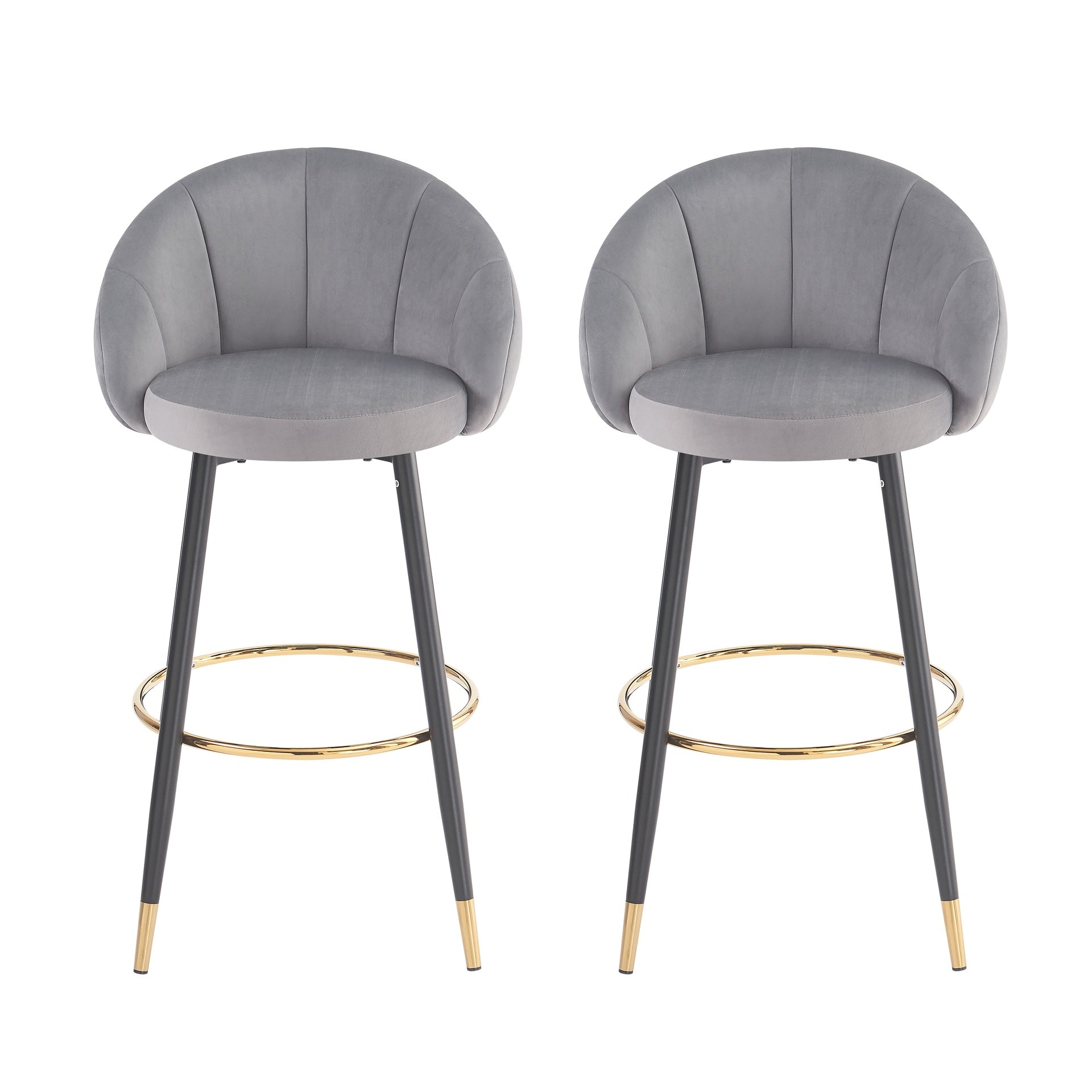 40.5" High Back, Gray Velvet & Gold Metal Bar Stool, 300lb Capacity, Luxe Modern Design for Home Bars & Cafes, Set of 2