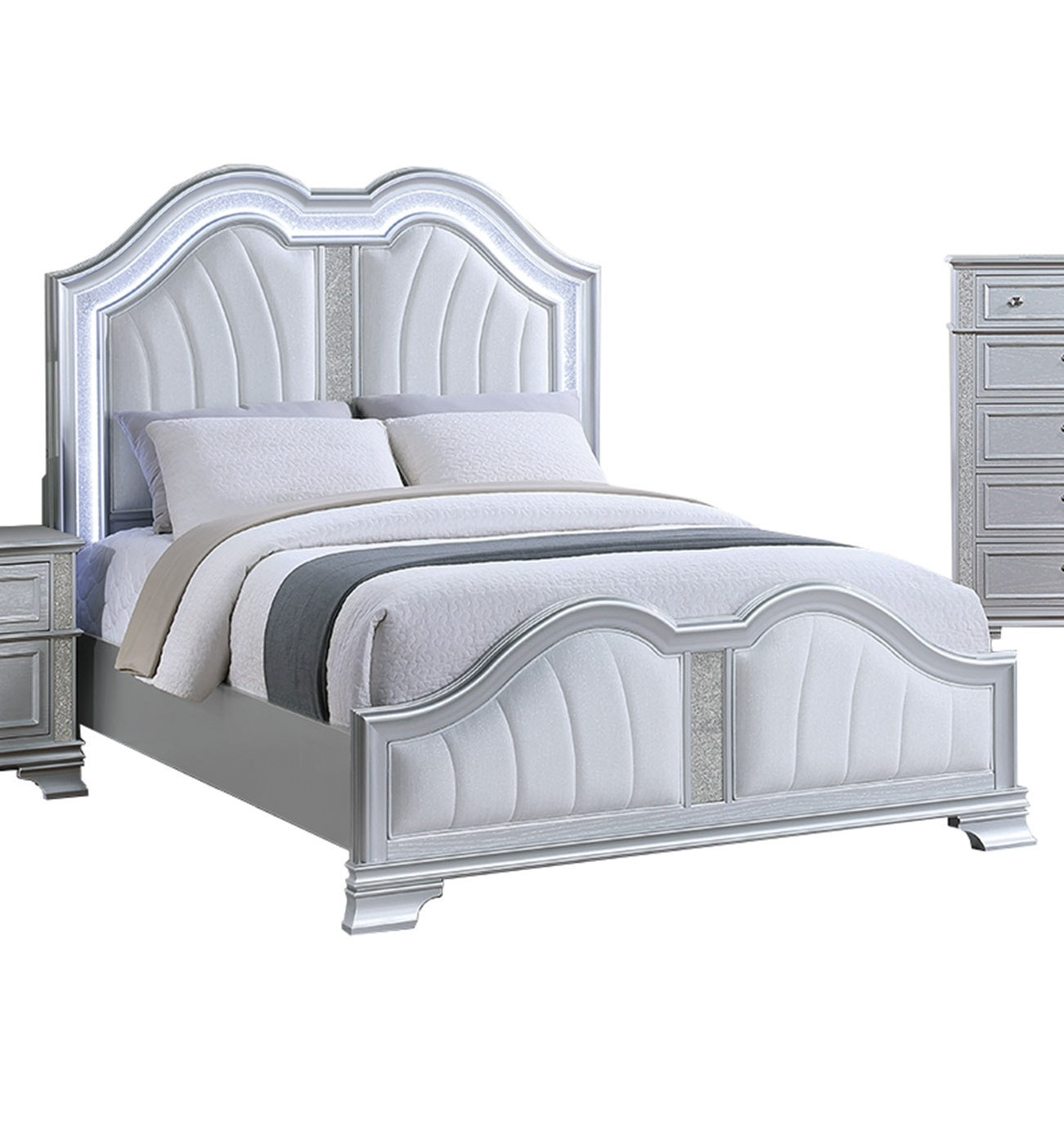 Contemporary Elegant Look Unique Design Eastern King Size Bed Silver Finish Built In USB 1pc Bedroom Bed