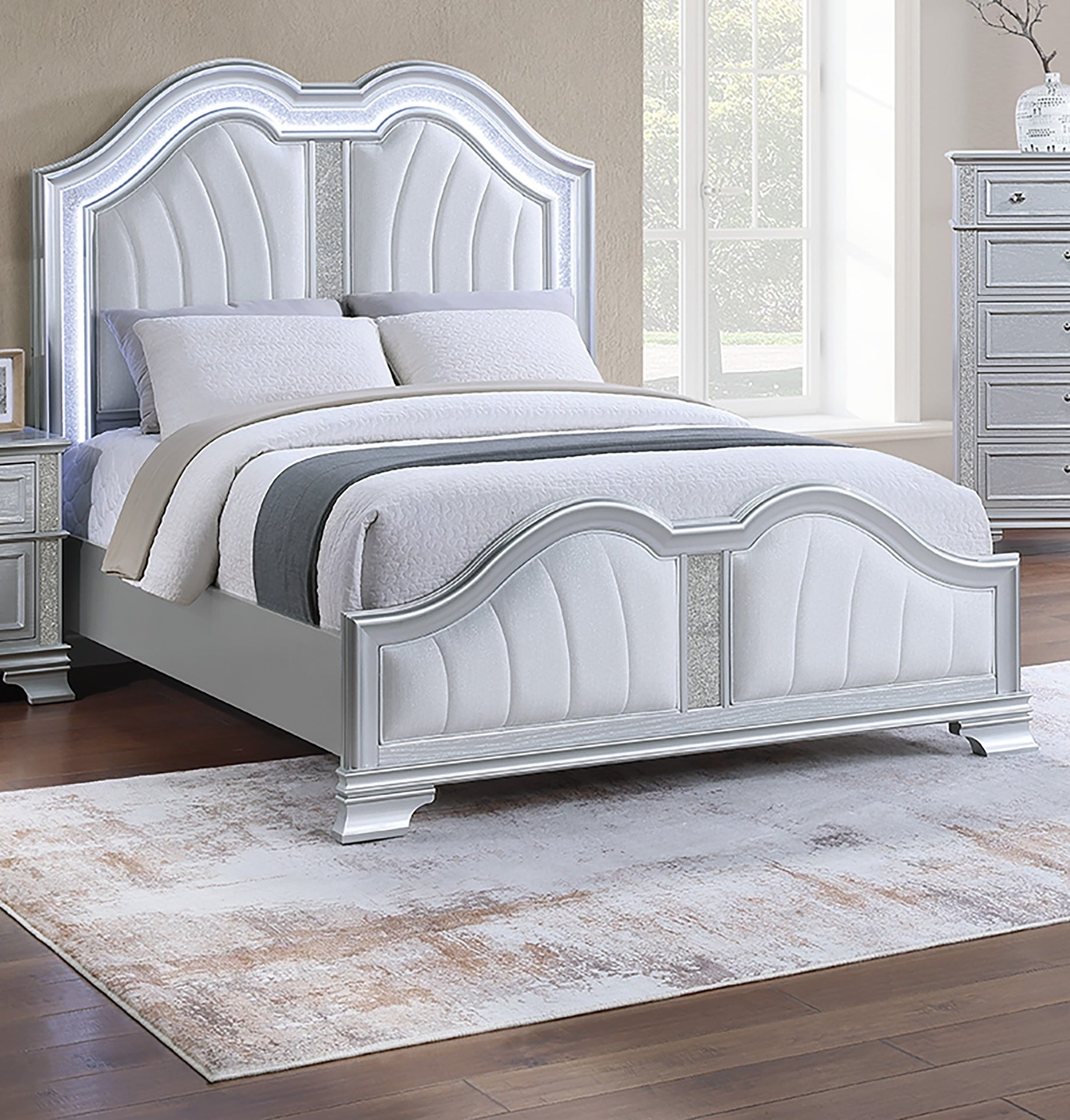 Contemporary Elegant Look Unique Design Eastern King Size Bed Silver Finish Built In USB 1pc Bedroom Bed