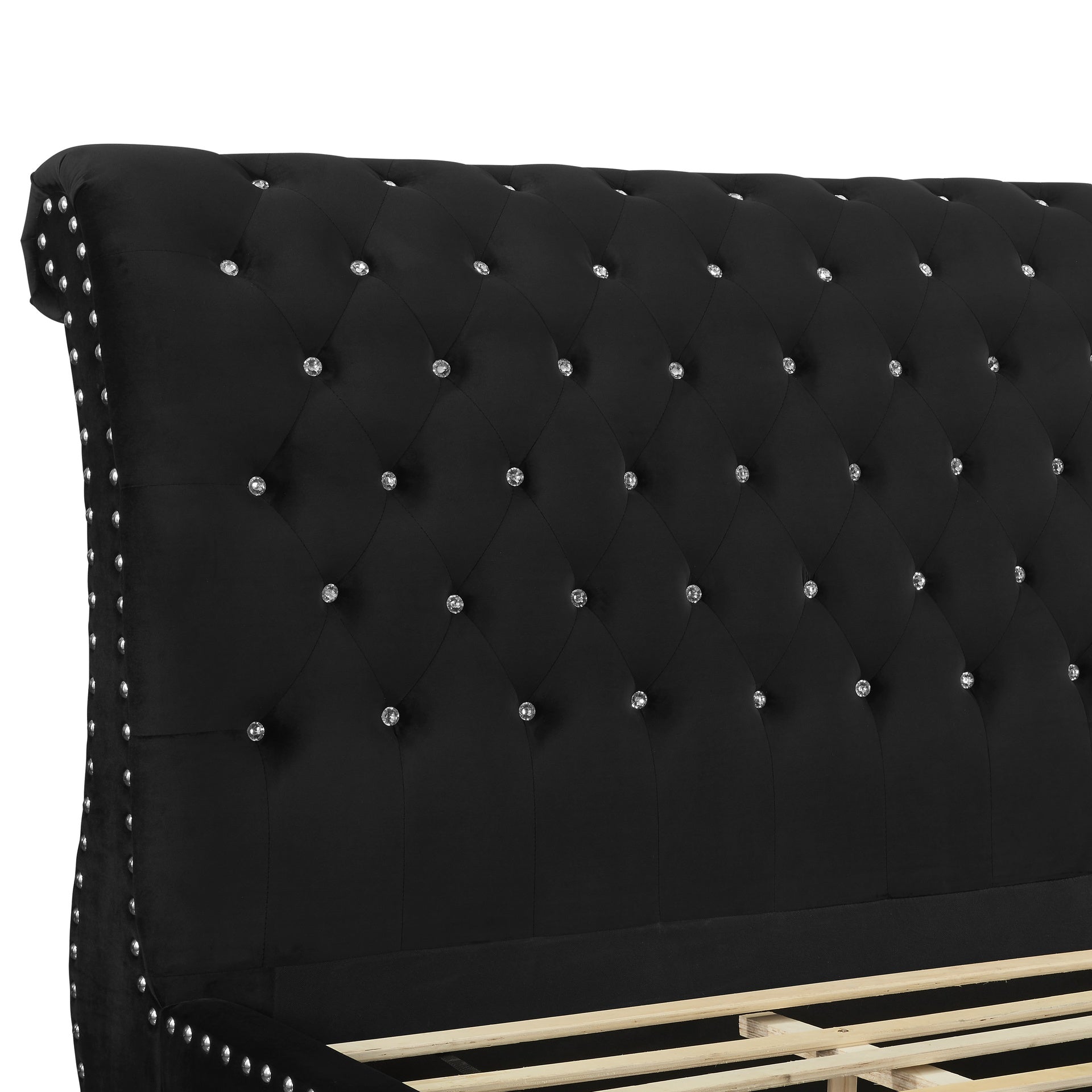 Evora Black Velvet Upholstered Crystal Button Tufted Sleigh Bed, Queen