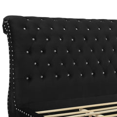Evora Black Velvet Upholstered Crystal Button Tufted Sleigh Bed, Queen