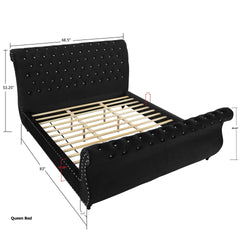 Evora Black Velvet Upholstered Crystal Button Tufted Sleigh Bed, Queen
