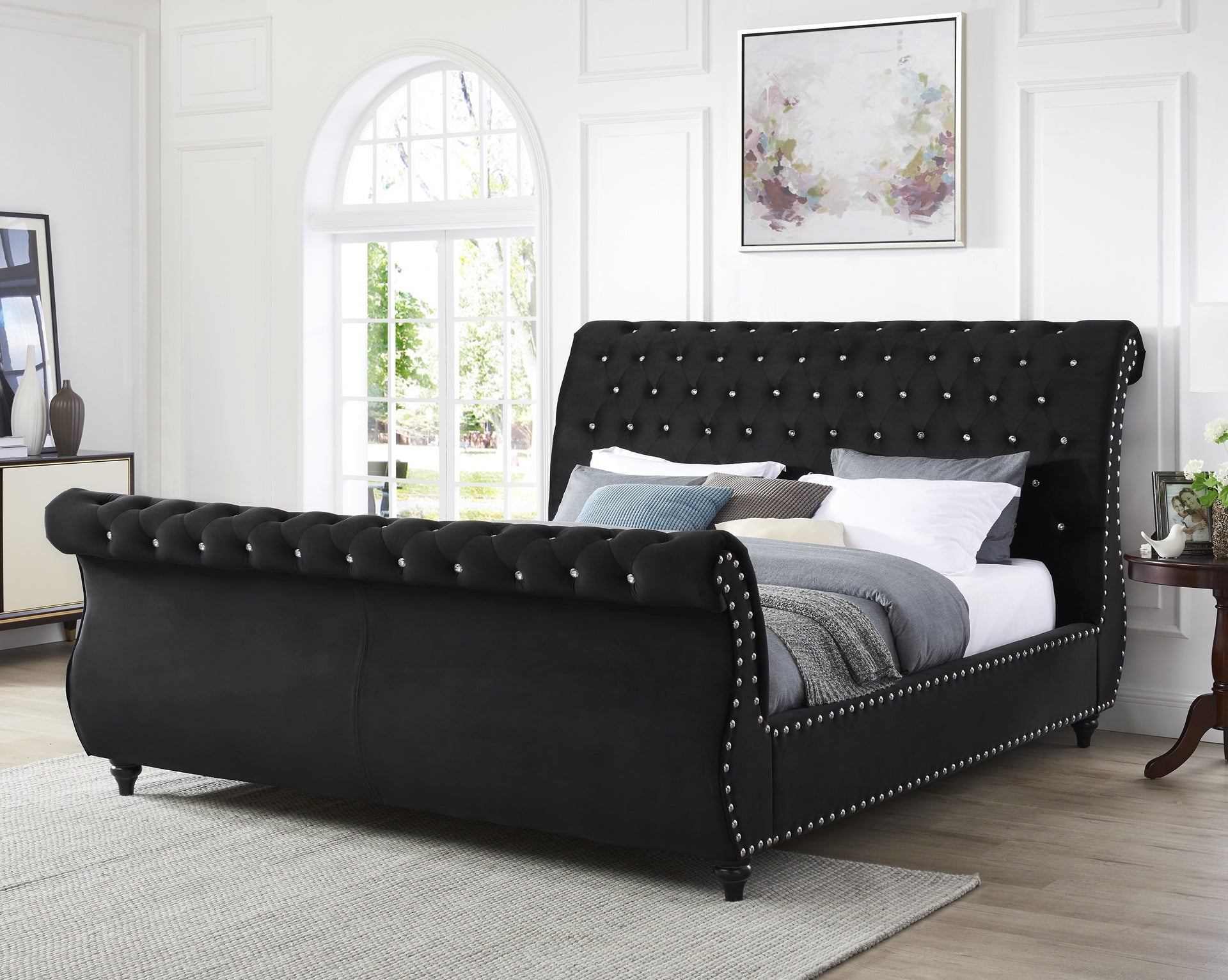 Evora Black Velvet Upholstered Crystal Button Tufted Sleigh Bed, Queen