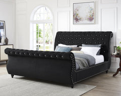 Evora Black Velvet Upholstered Crystal Button Tufted Sleigh Bed, Queen