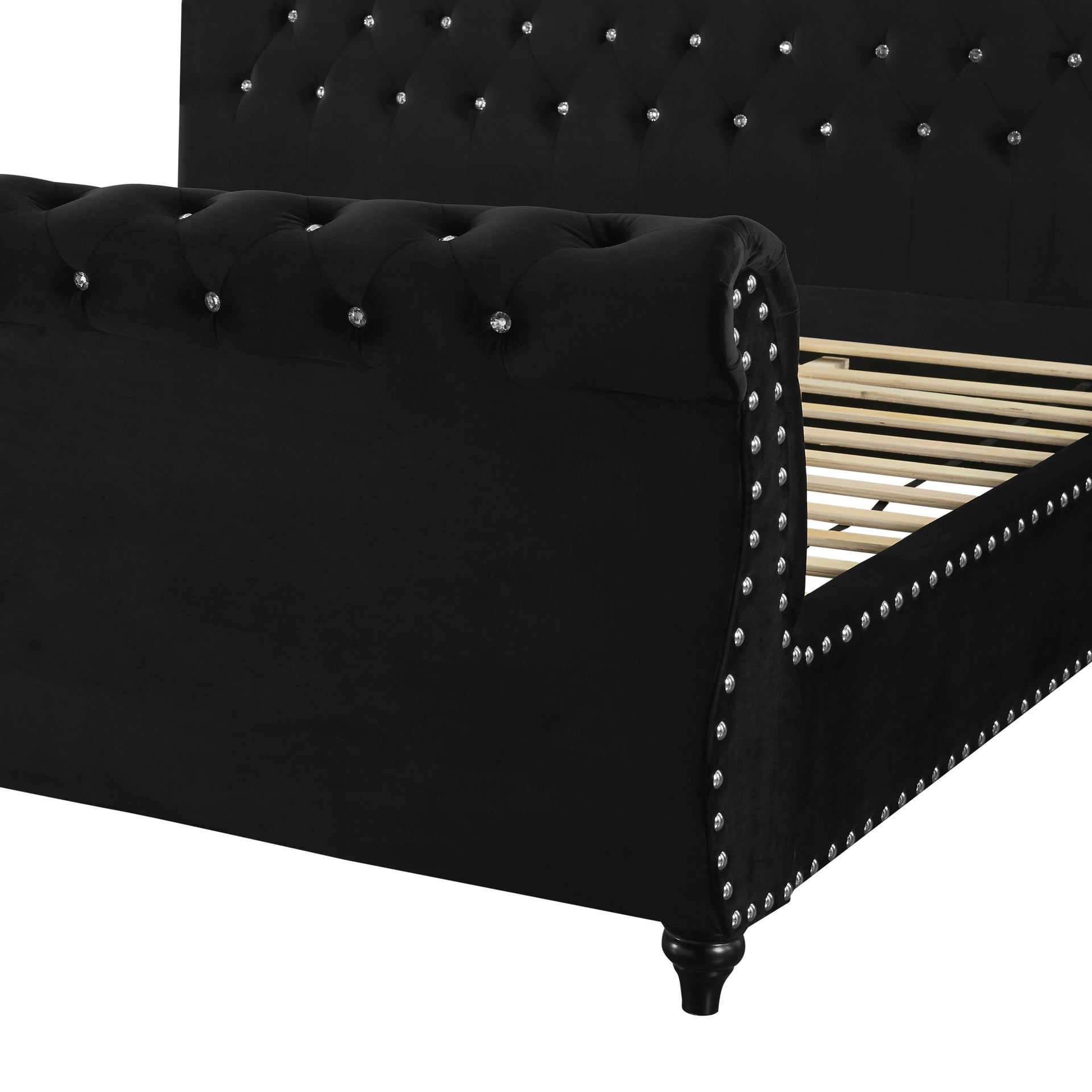 Evora Black Velvet Upholstered Crystal Button Tufted Sleigh Bed, Queen