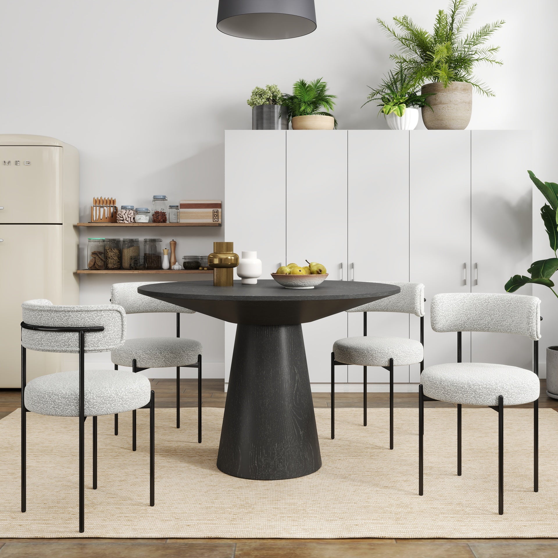 Corff 5-Piece Round Dining Set, Pedestal Dining Table with 4 Boucle Chairs