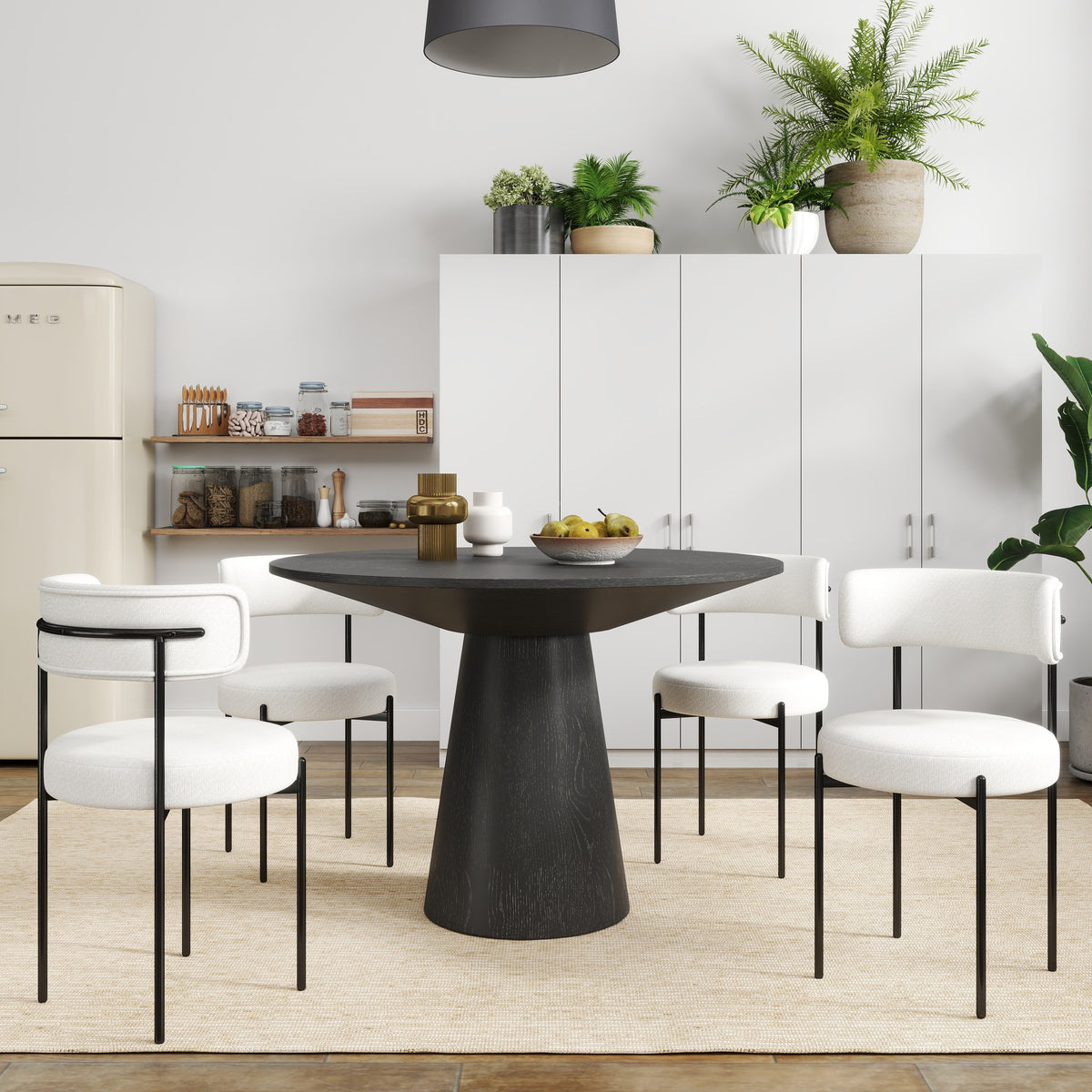 Corff 5-Piece Round Dining Set, Pedestal Dining Table with 4 Boucle Chairs