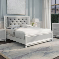 Galaxy Upholstered Tufting Panel Bed with LED Lights in Pearlized White, King