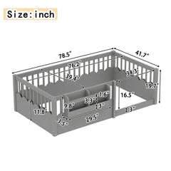 Twin Floor bed with Heightened Fence and bookshelf ,Wood Floor Bed for Kids, Gray.