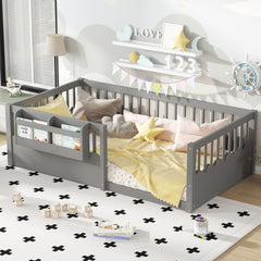 Twin Floor bed with Heightened Fence and bookshelf ,Wood Floor Bed for Kids, Gray.