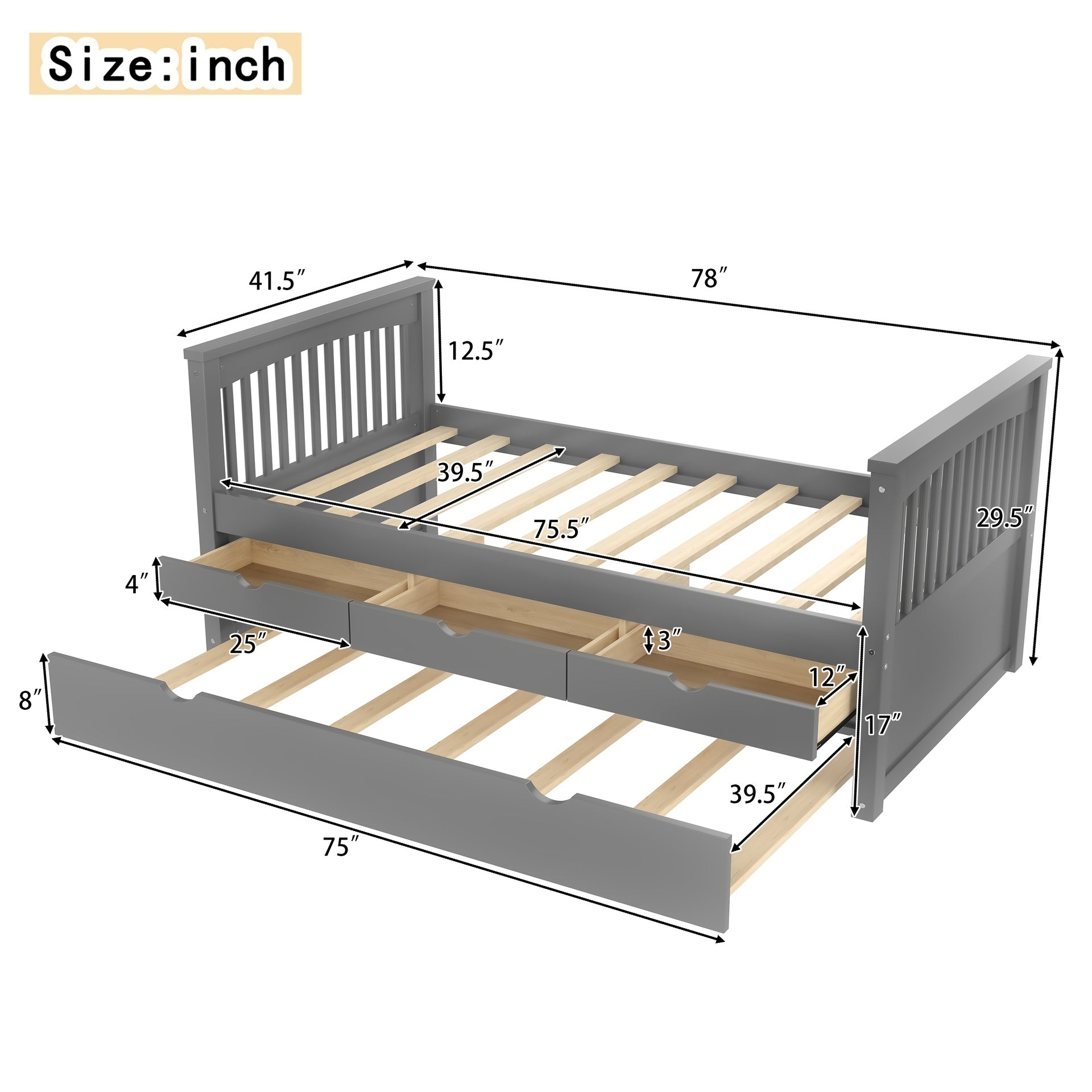 Twin Platform Bed with Drawers and Trundle, Solid Wood Daybed, No Spring Box Needed, Gray