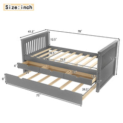 Twin Platform Bed with Drawers and Trundle, Solid Wood Daybed, No Spring Box Needed, Gray