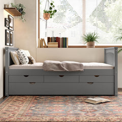Twin Platform Bed with Drawers and Trundle, Solid Wood Daybed, No Spring Box Needed, Gray