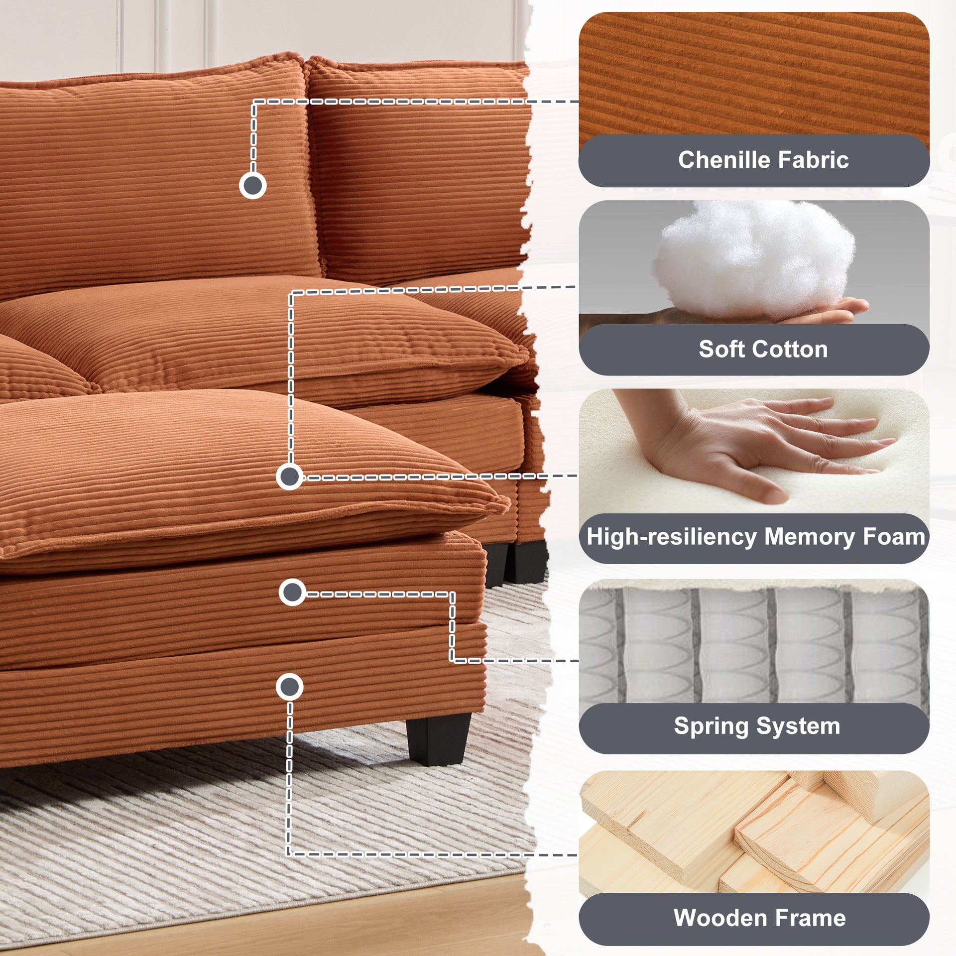 UNITED WE WIN  Oversized Modular Sectional Sofa with Movable Ottoman, 102 Inch 4 Seat Modern Corduroy Sofa Set, Convertible L Shaped Couch for Living Room and Office