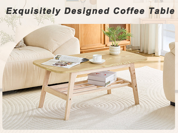 Solid Wood Coffee Table - 2-Tier Wooden Center Coffee Table with Storage Shelf for Living Room, Apartment, and Office