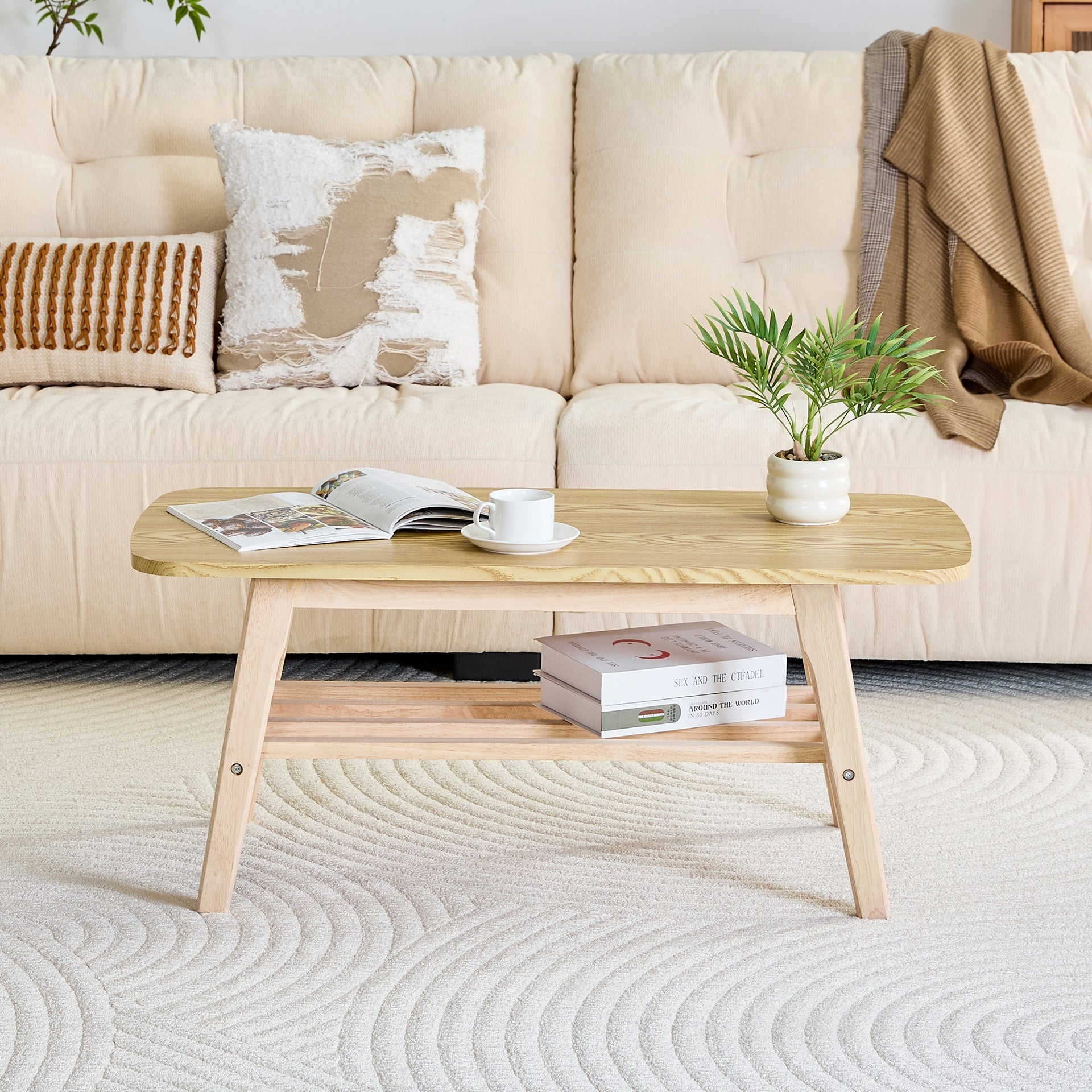 Solid Wood Coffee Table - 2-Tier Wooden Center Coffee Table with Storage Shelf for Living Room, Apartment, and Office