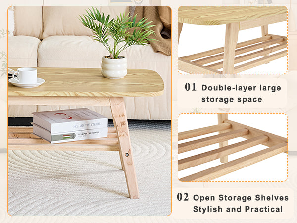Solid Wood Coffee Table - 2-Tier Wooden Center Coffee Table with Storage Shelf for Living Room, Apartment, and Office
