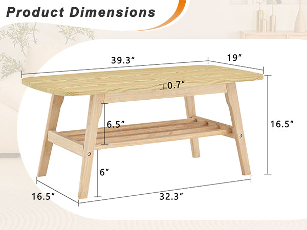 Solid Wood Coffee Table - 2-Tier Wooden Center Coffee Table with Storage Shelf for Living Room, Apartment, and Office