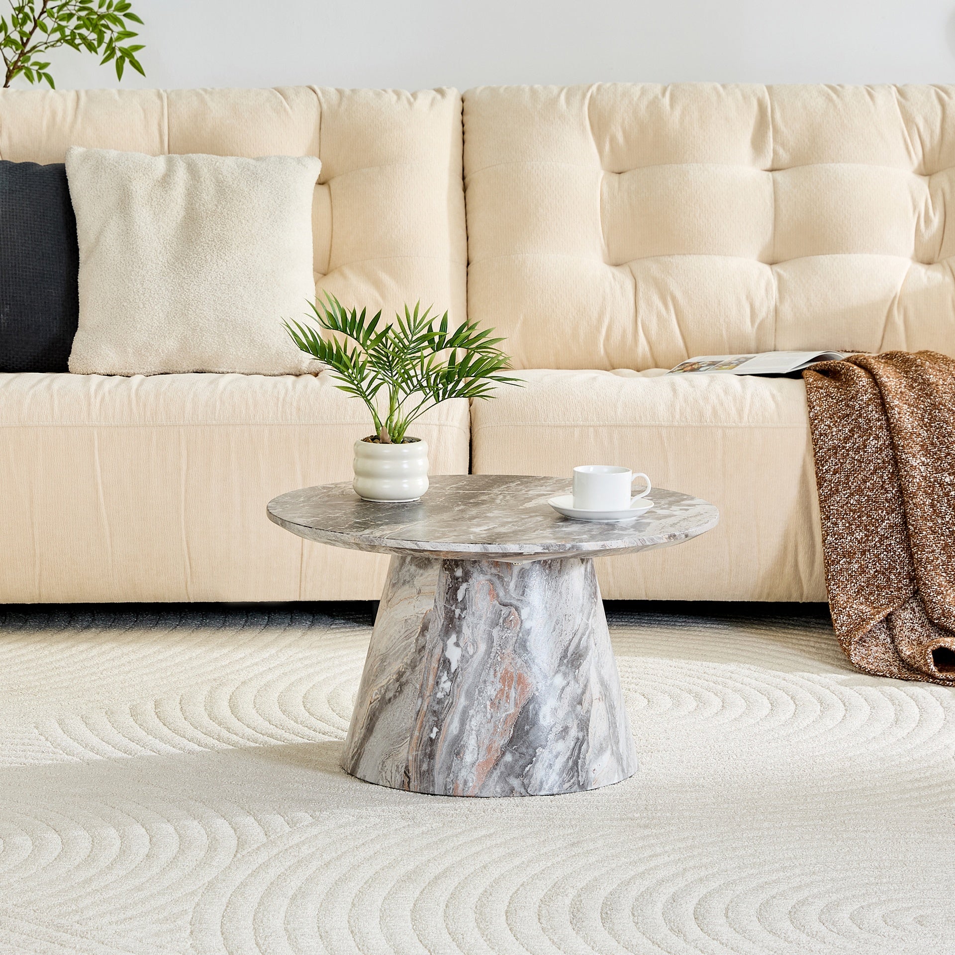 Grey textured medium density fiberboard circular coffee table - diameter 23.6 inches, height 13.7 inches Grey textured veneer, delicate texture, flexible adaptation to circular tabletop.