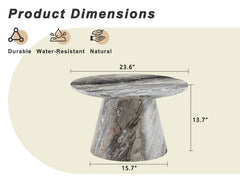Grey textured medium density fiberboard circular coffee table - diameter 23.6 inches, height 13.7 inches Grey textured veneer, delicate texture, flexible adaptation to circular tabletop.