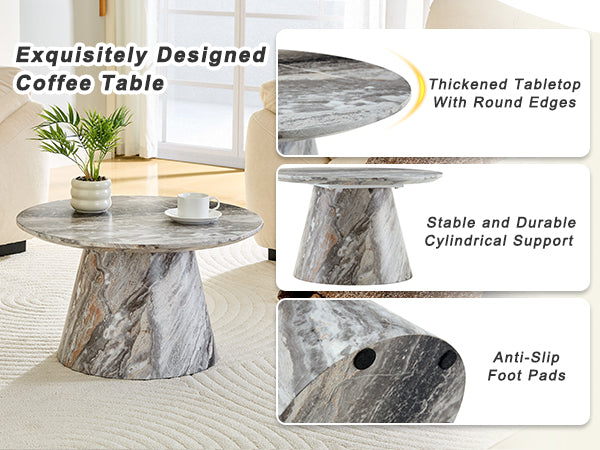 Grey textured medium density fiberboard circular coffee table - diameter 23.6 inches, height 13.7 inches Grey textured veneer, delicate texture, flexible adaptation to circular tabletop.