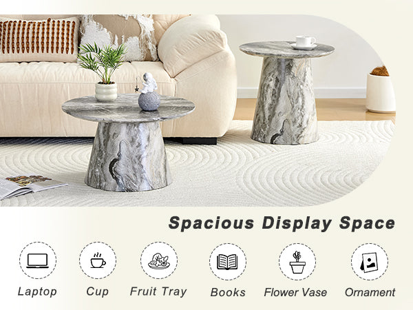 Grey textured medium density fiberboard circular coffee table - diameter 23.6 inches, height 13.7 inches Grey textured veneer, delicate texture, flexible adaptation to circular tabletop.