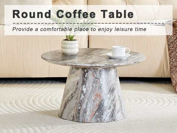 Grey textured medium density fiberboard circular coffee table - diameter 23.6 inches, height 13.7 inches Grey textured veneer, delicate texture, flexible adaptation to circular tabletop.