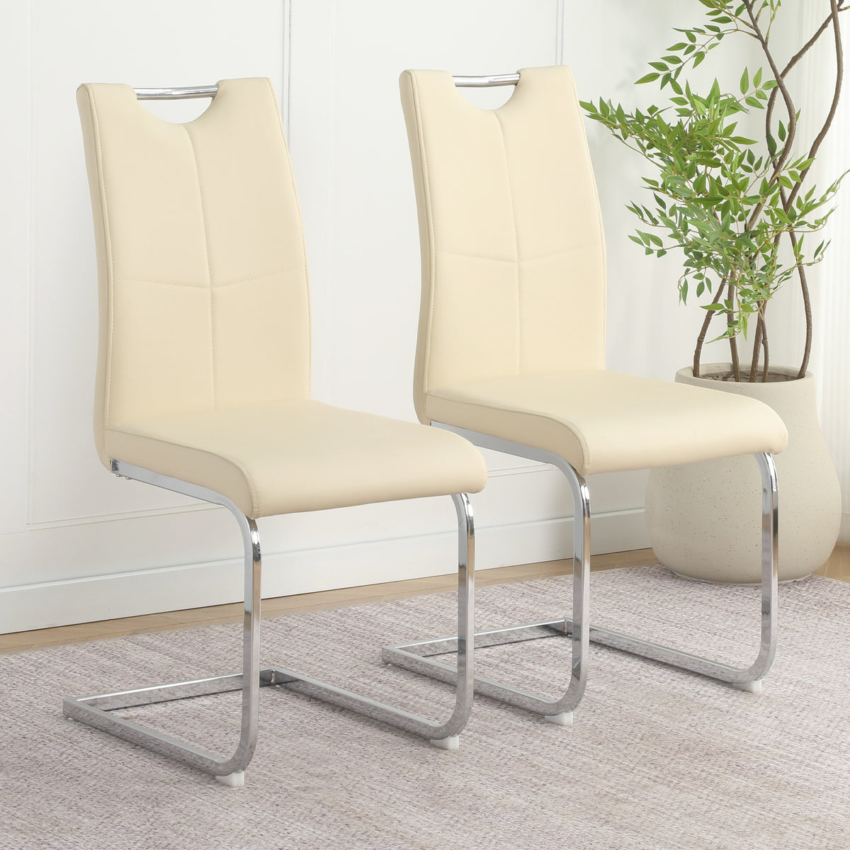 Modern Light Yellow PU dining chair living room chair upholstered chair, electroplated metal chair leg design, kitchen, living room, bedroom, dining room side chair  (Set of 2)