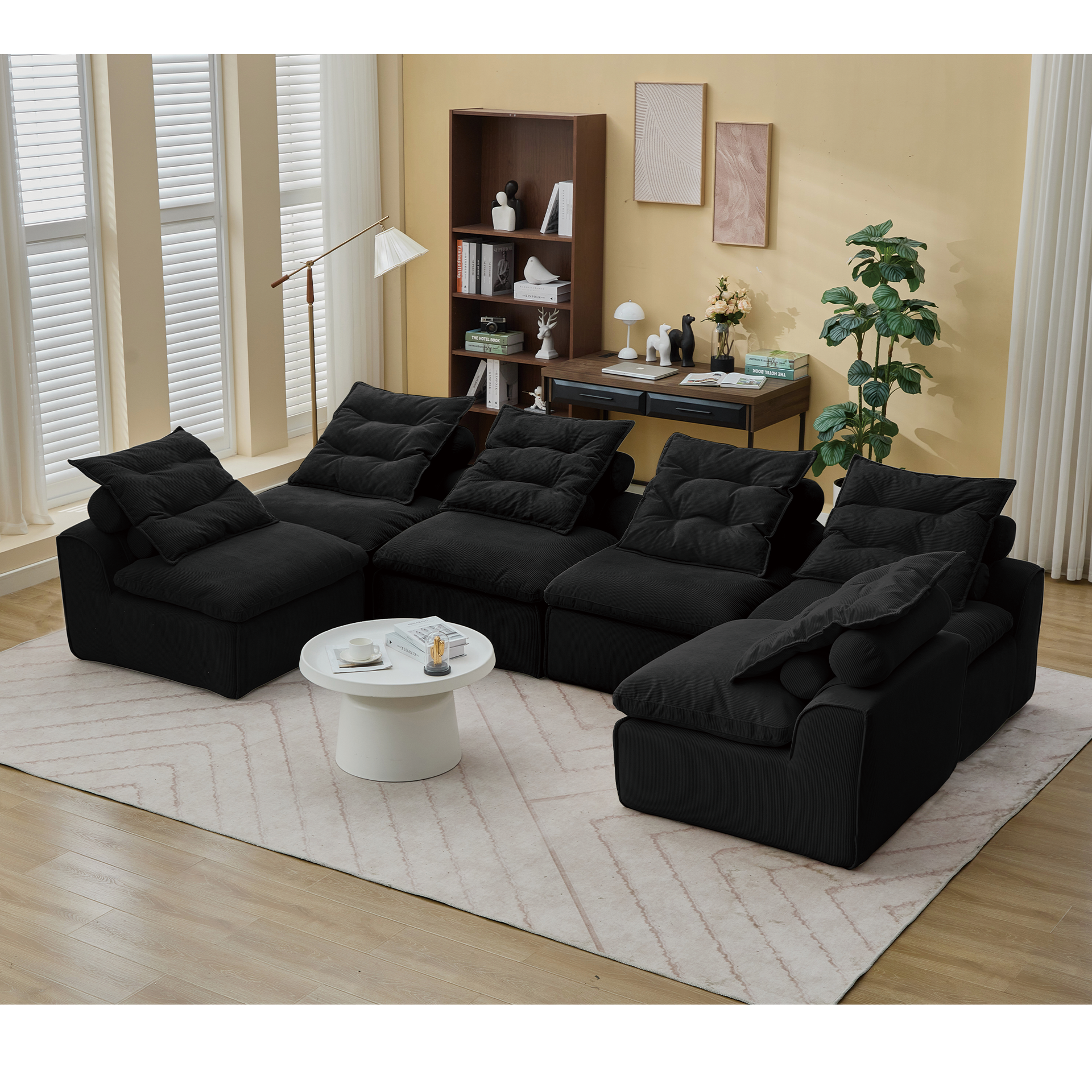 Modular Sofa,No Armrests,At will DIY,Corduroy ,Neck Pillow-Back Lounge Sofa Chair,Reading Nook, or Apartment Living, Lumbar Pillow,6 Seats,Upholstered,Black