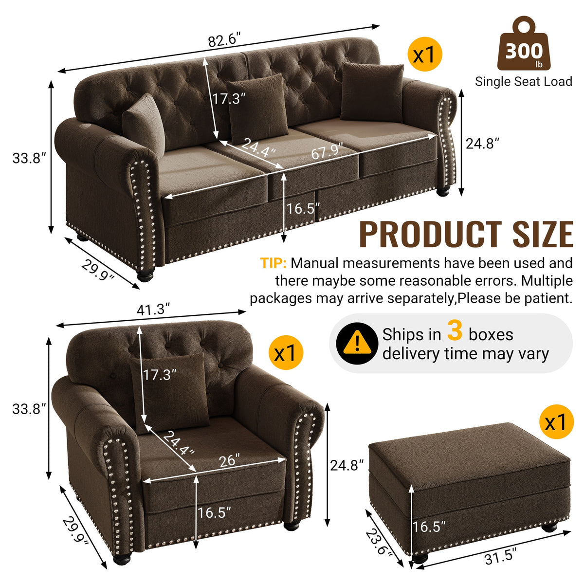 Upholstered Velvet Sofa with Nailhead Trim and Rolled Armrests,Mid-Century Modern Chesterfield Sofa with Button Tufted,Includes 1 ottoman,Brown