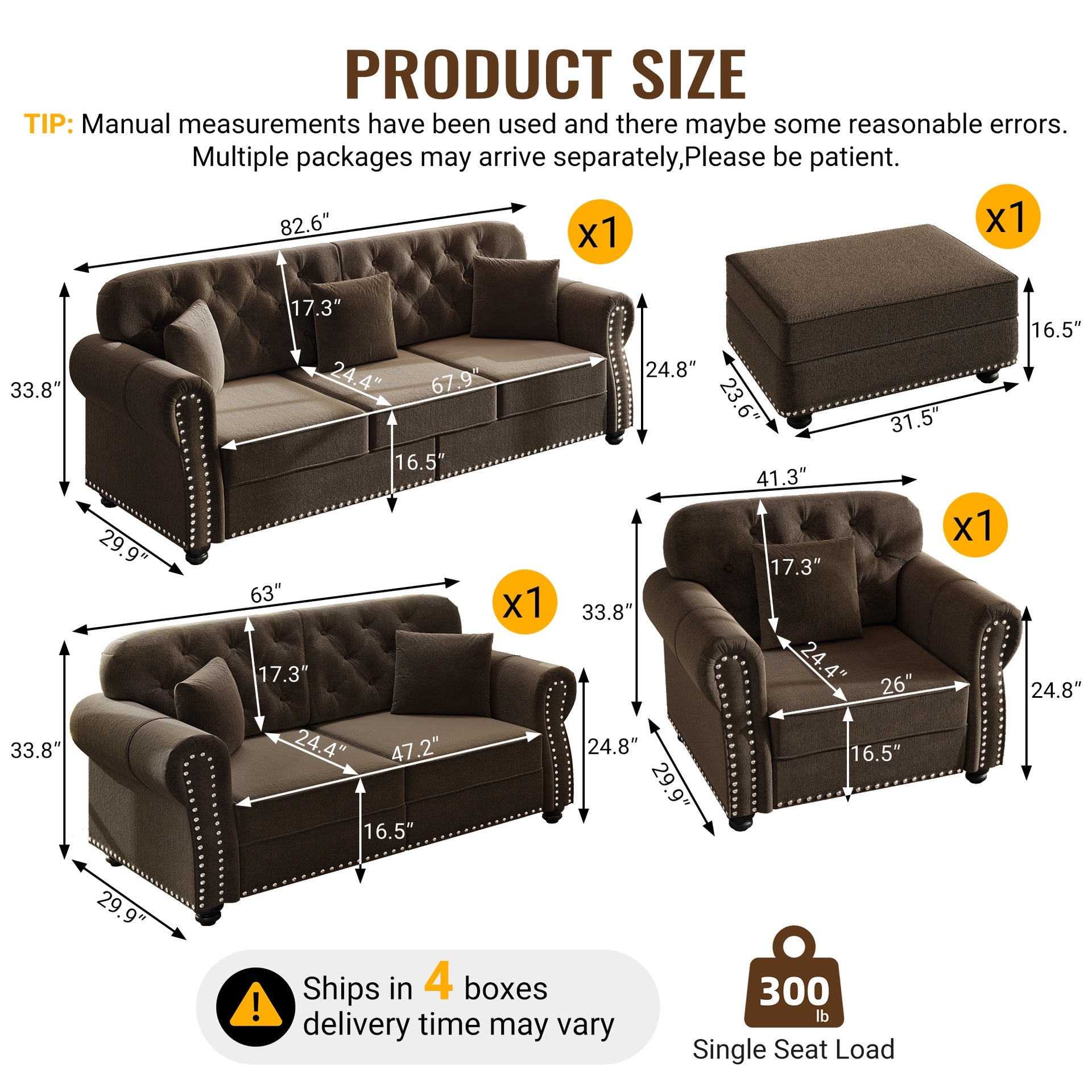 Upholstered Velvet Sofa with Nailhead Trim and Rolled Armrests,Mid-Century Modern Chesterfield Sofa with Button Tufted,Includes 1 ottoman,Brown