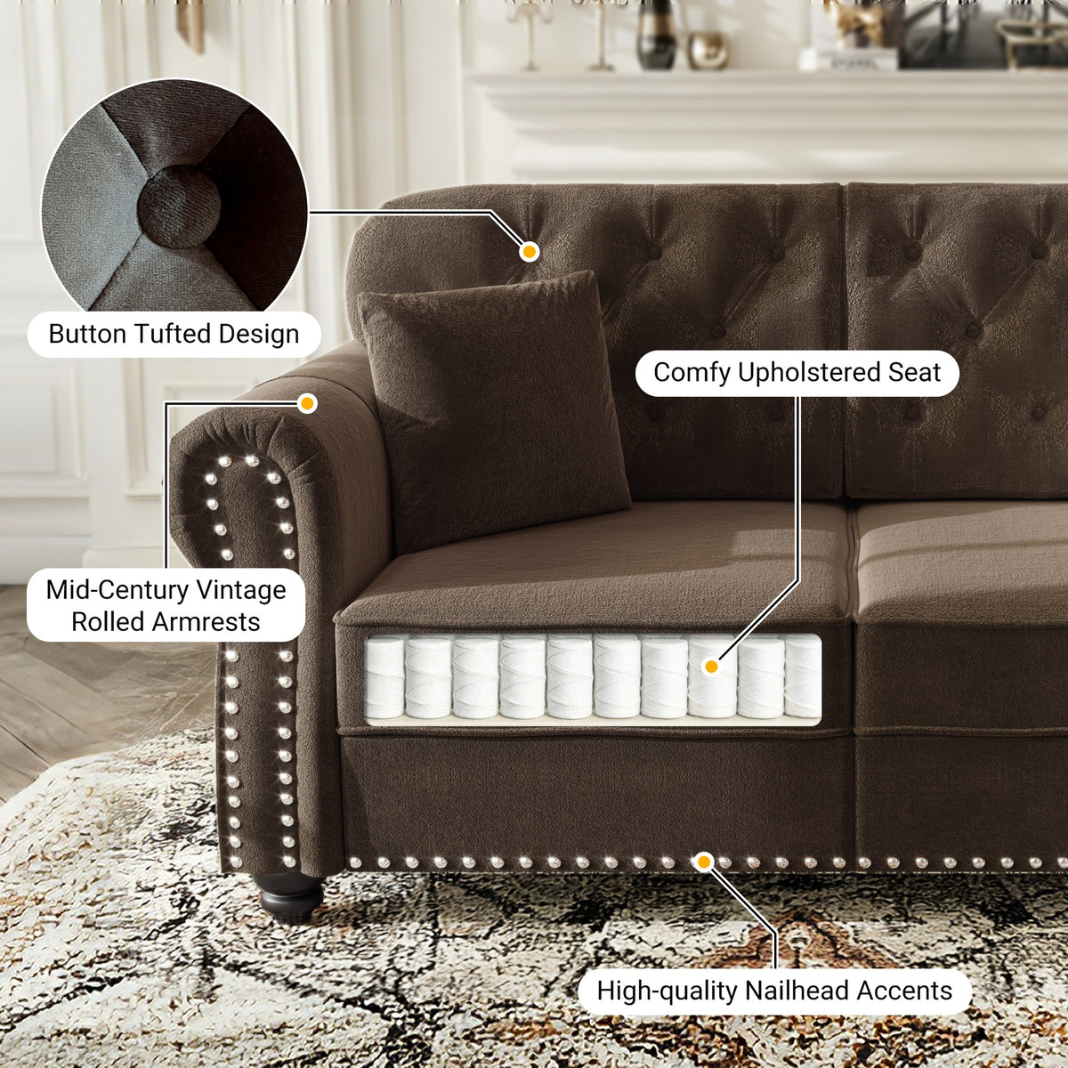 82.6"Upholstered Velvet Sofa with Nailhead Trim and Rolled Armrests,Mid-Century Modern Chesterfield Sofa with Button Tufted,Includes 3 Pillows,Brown