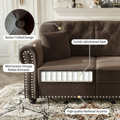 82.6"Upholstered Velvet Sofa with Nailhead Trim and Rolled Armrests,Mid-Century Modern Chesterfield Sofa with Button Tufted,Includes 3 Pillows,Brown