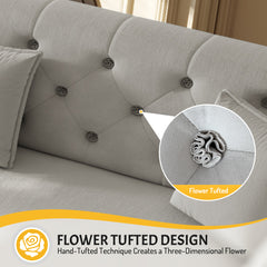 100"  Oversize Pull Out Sofa Bed,  Convertible Sleeper Sofa with Handmade Fabric Flower Tufted Design,Multi-Functional Velvet Loveseat Bed for Living Room,Bedroom,Apartment,Light Grey