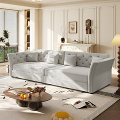100"  Oversize Pull Out Sofa Bed,  Convertible Sleeper Sofa with Handmade Fabric Flower Tufted Design,Multi-Functional Velvet Loveseat Bed for Living Room,Bedroom,Apartment,Light Grey