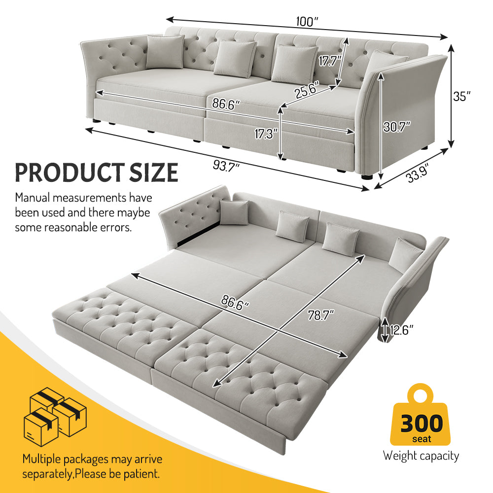 100"  Oversize Pull Out Sofa Bed,  Convertible Sleeper Sofa with Handmade Fabric Flower Tufted Design,Multi-Functional Velvet Loveseat Bed for Living Room,Bedroom,Apartment,Light Grey