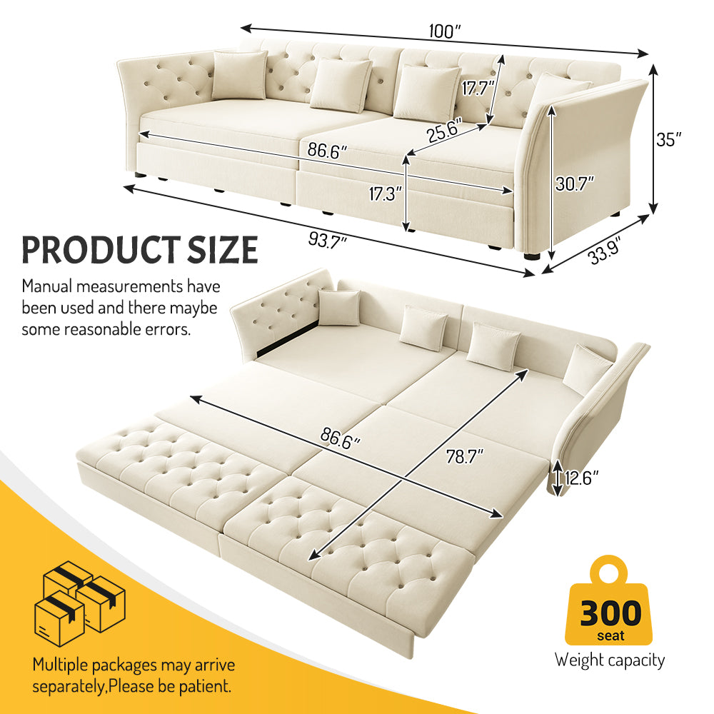 100"  Oversize Pull Out Sofa Bed,  Convertible Sleeper Sofa with Handmade Fabric Flower Tufted Design,Multi-Functional Velvet Loveseat Bed for Living Room,Bedroom,Apartment,Beige/White