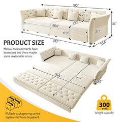 100"  Oversize Pull Out Sofa Bed,  Convertible Sleeper Sofa with Handmade Fabric Flower Tufted Design,Multi-Functional Velvet Loveseat Bed for Living Room,Bedroom,Apartment,Beige/White