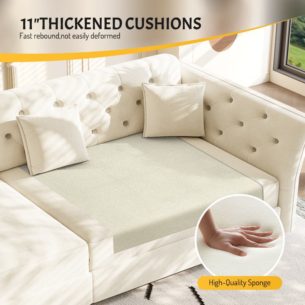 100"  Oversize Pull Out Sofa Bed,  Convertible Sleeper Sofa with Handmade Fabric Flower Tufted Design,Multi-Functional Velvet Loveseat Bed for Living Room,Bedroom,Apartment,Beige/White